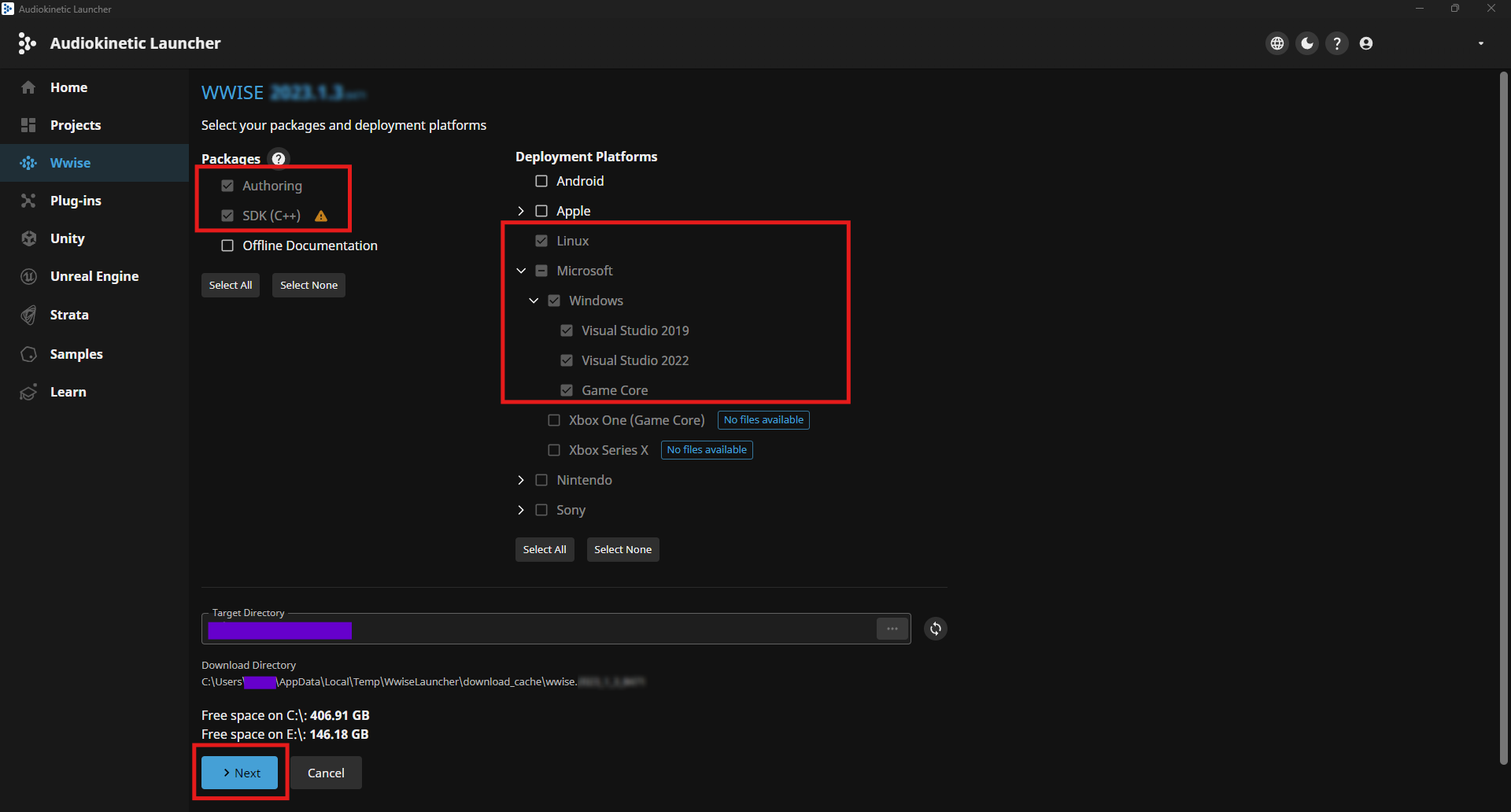 Select Wwise packages screenshot