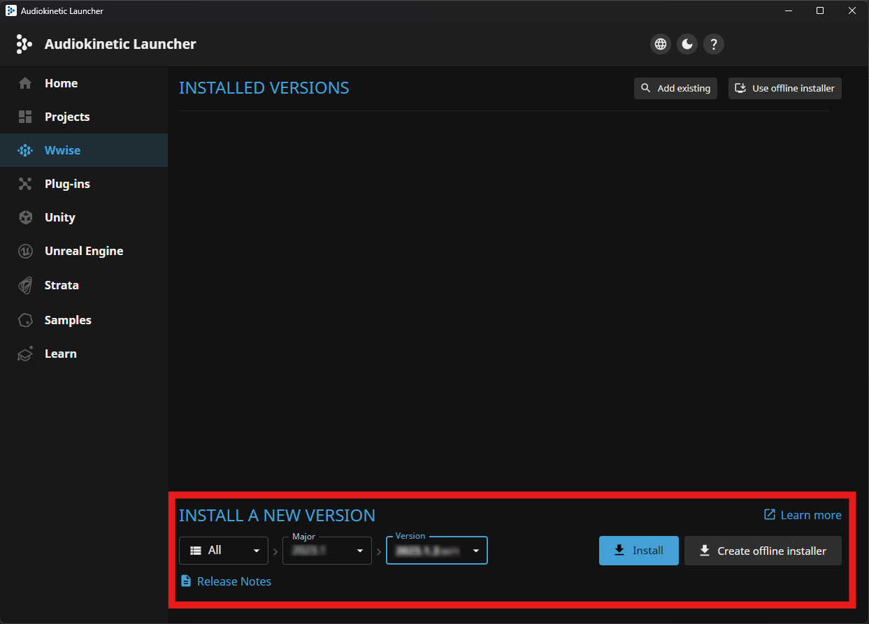 Select Wwise version screenshot
