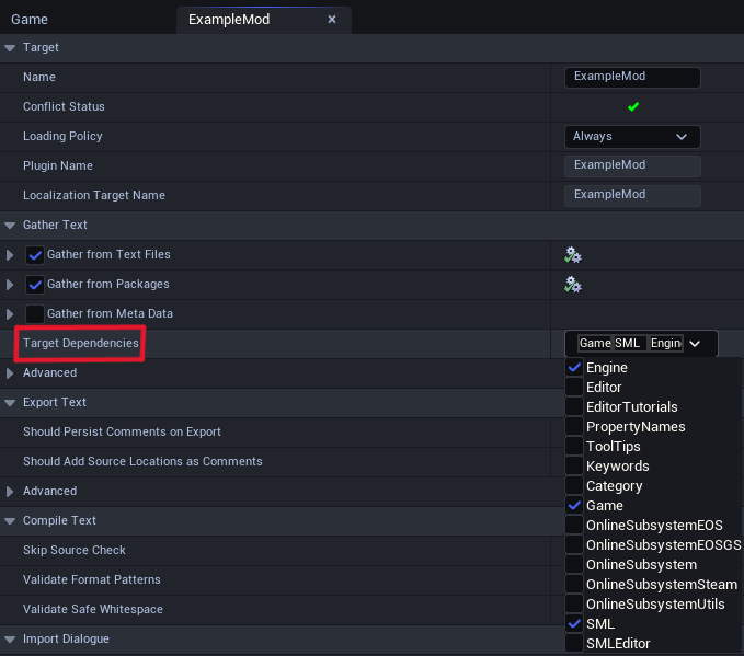 Configuring target dependencies