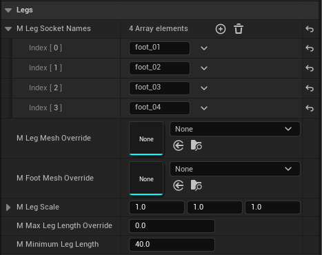 Screenshot of editor displaying FGFactoryLegs component settings