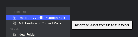Screenshot of import asset context menu